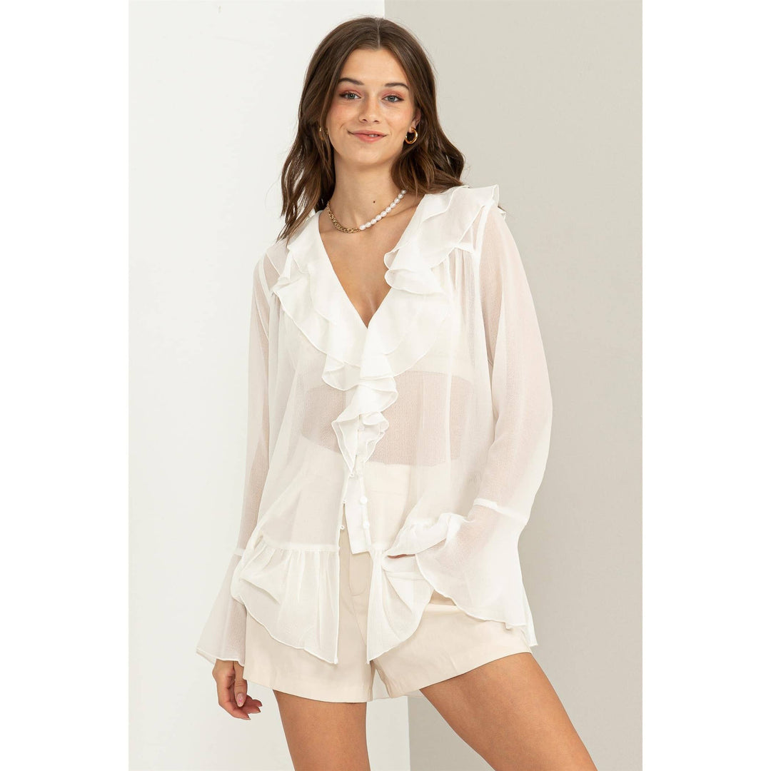 LUISA  WHITE RUFFLED BUTTON-FRONT SHEER TUNIC TOP
