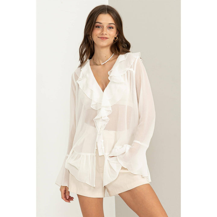 LUISA  WHITE RUFFLED BUTTON-FRONT SHEER TUNIC TOP