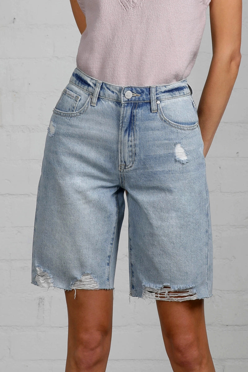 Phoenix High Rise Distressed Bermuda Denim Shorts