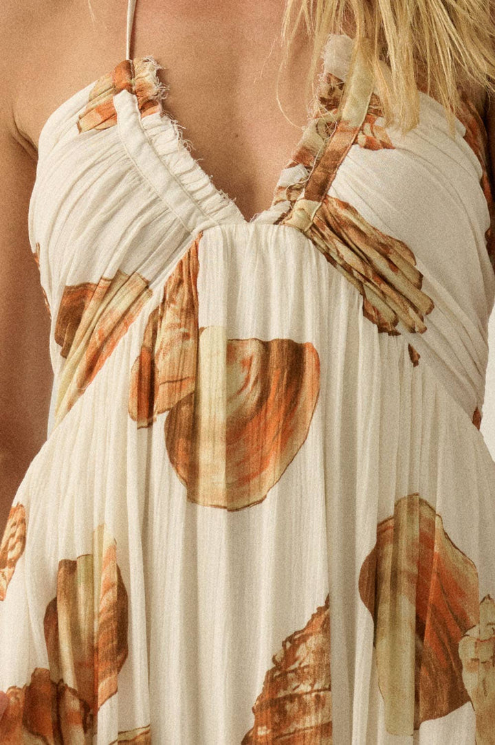 Beach Seashell-Print Crepe Tie-Back Halter Pocket Maxi Dress