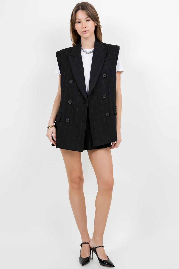 MINERVA  SHOULDER PADDED STRUCTURED WOVEN JACKET VEST - BLACK