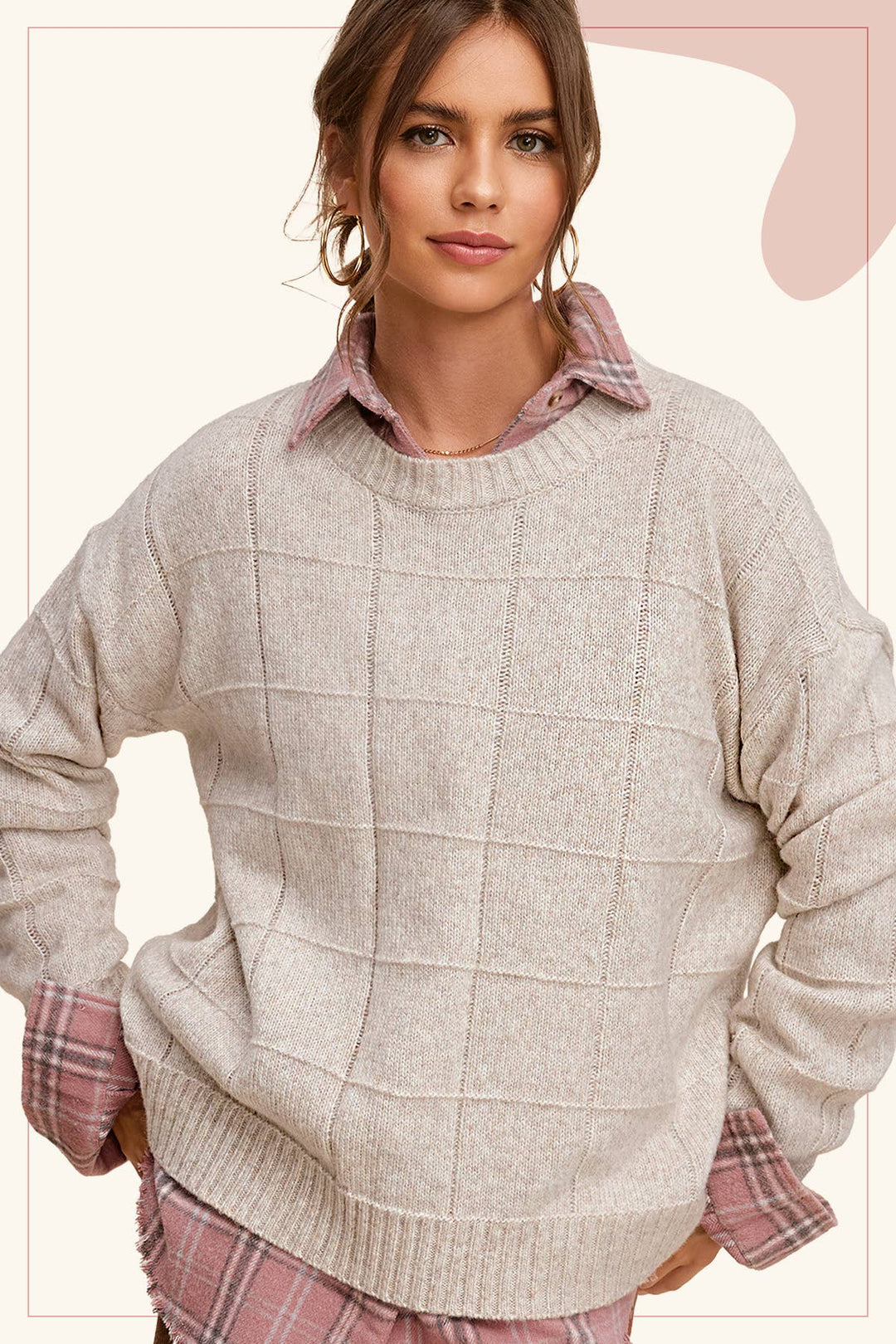 Aiden Loose Fit Windowpane Patterned Two Tone Sweater