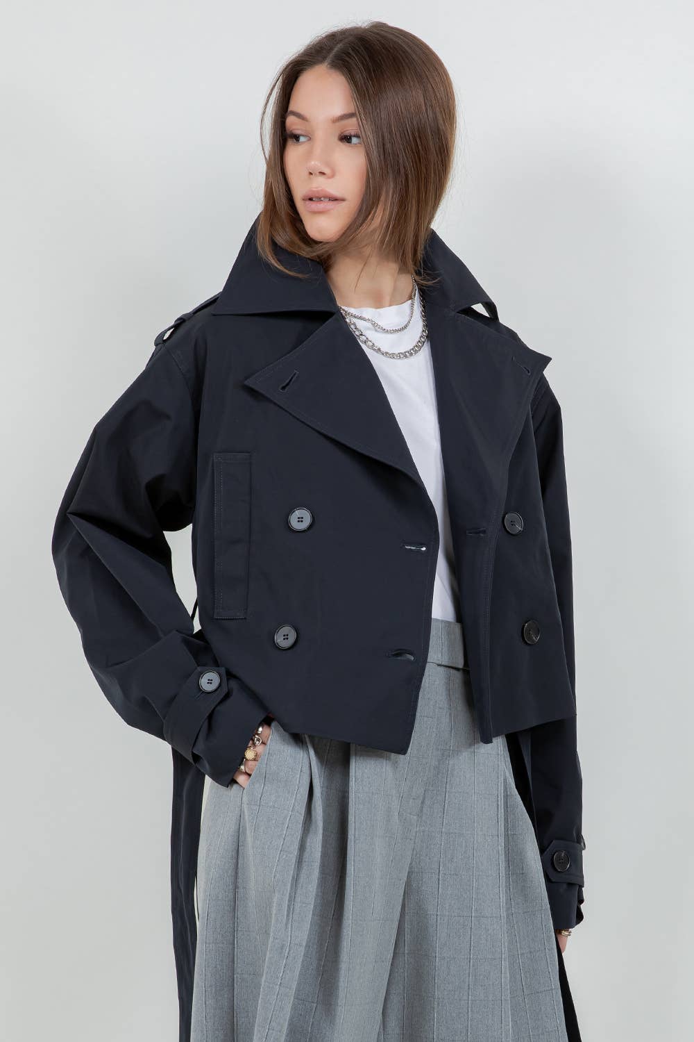 VALENTINA STRUCTURED WOVEN CROPPED TRENCH JACKET - DARK NAVY