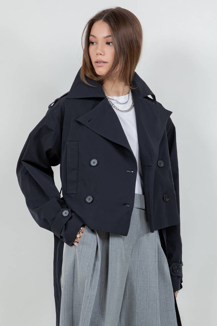 VALENTINA STRUCTURED WOVEN CROPPED TRENCH JACKET - DARK NAVY