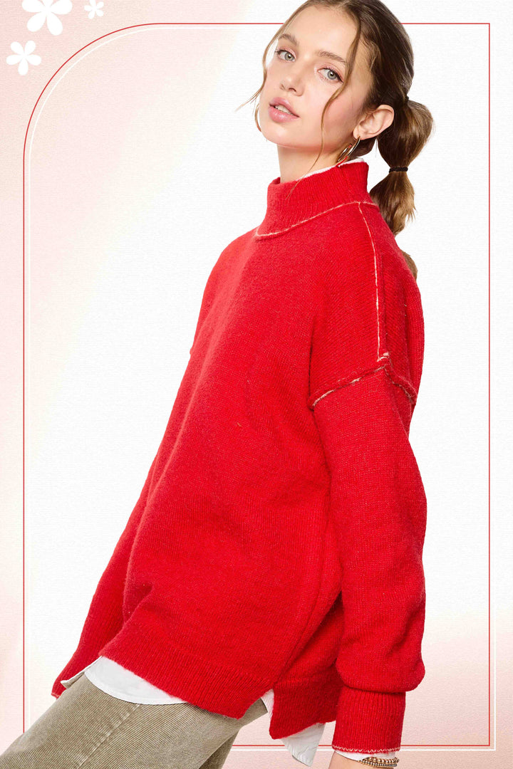 Candy or Pine Loose Fit Mock Neck Exposed Seaming Detailed Sweater