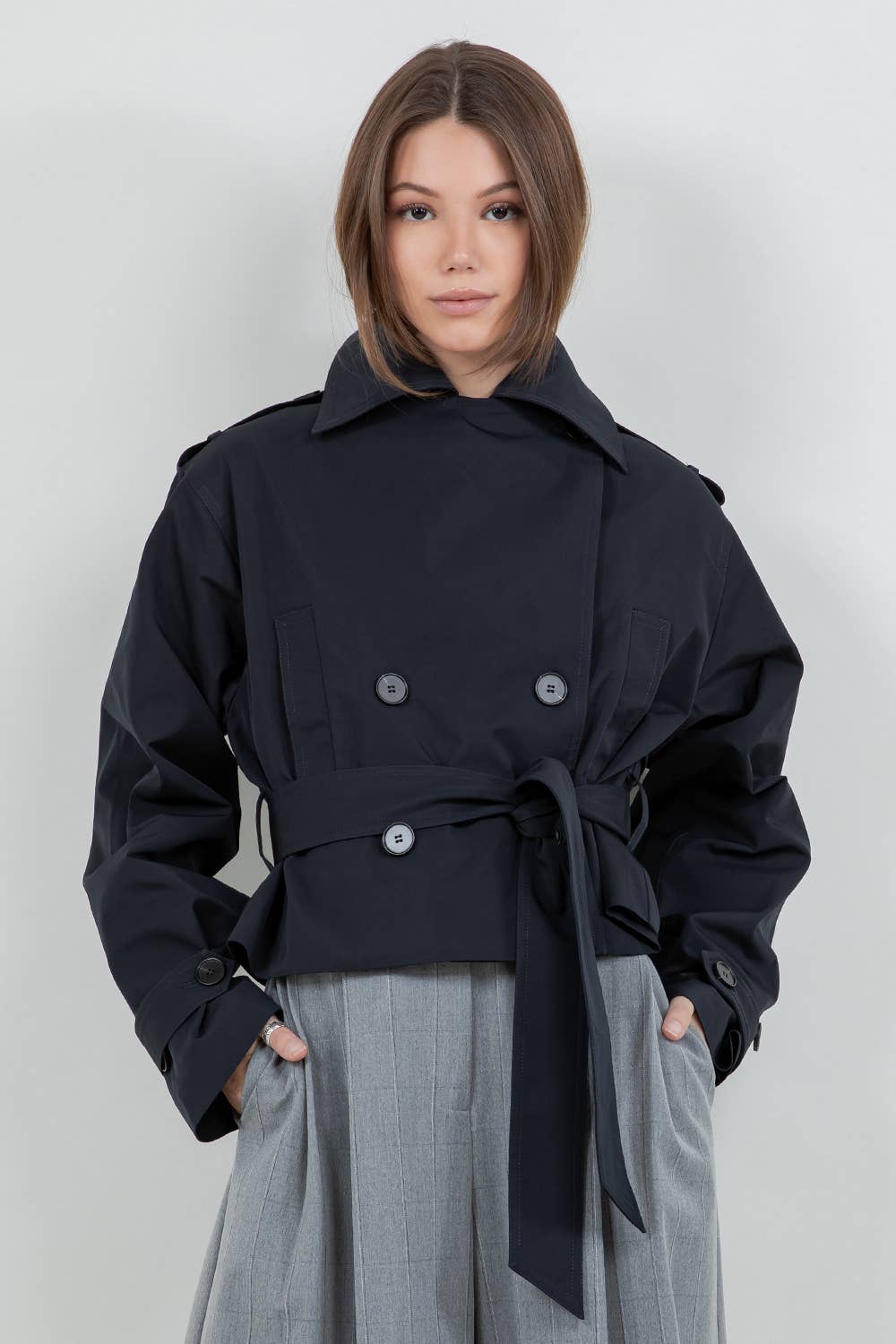 VALENTINA STRUCTURED WOVEN CROPPED TRENCH JACKET - DARK NAVY