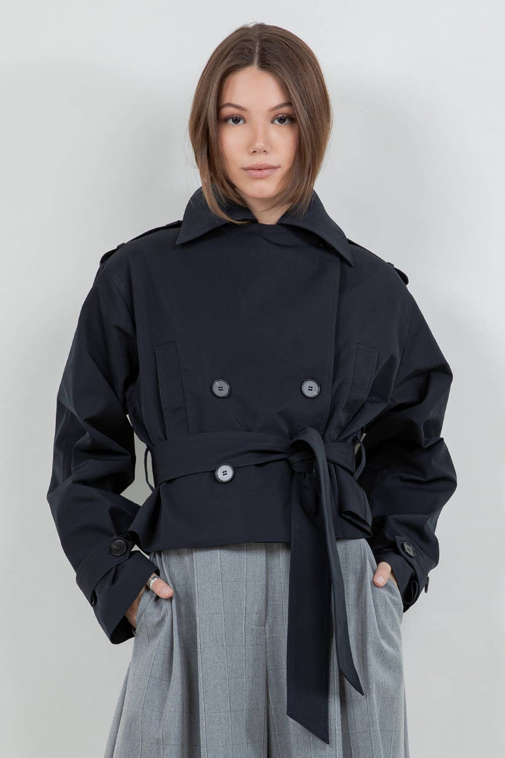 VALENTINA STRUCTURED WOVEN CROPPED TRENCH JACKET - DARK NAVY