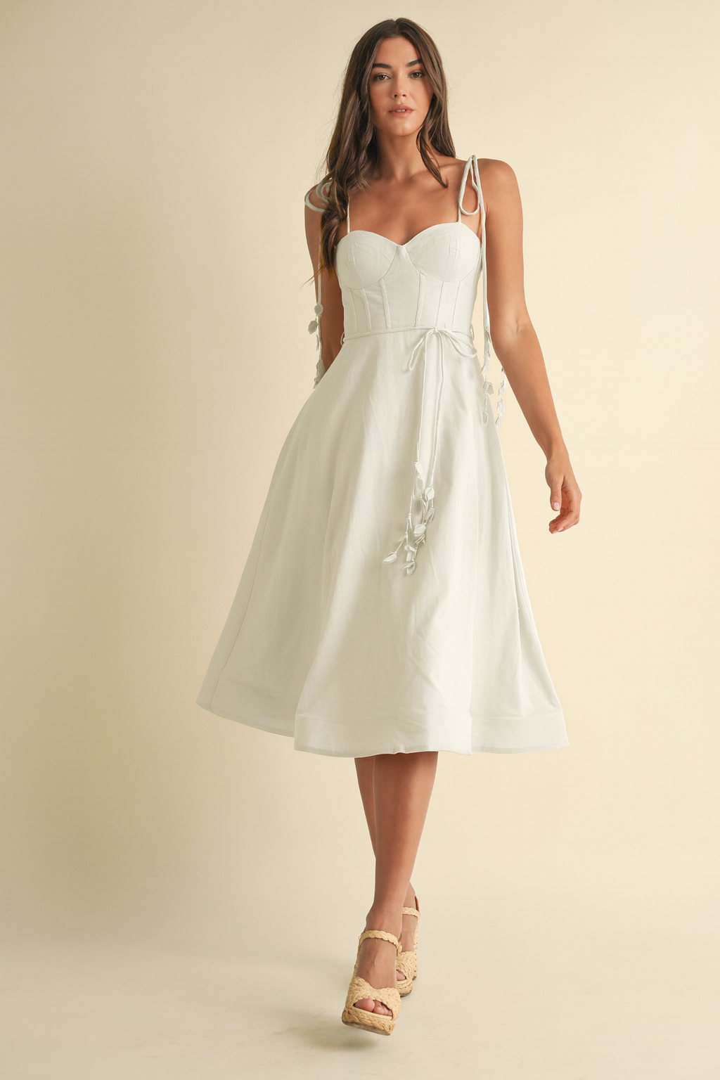Yellow Linen Midi Dress with Corset Bodice