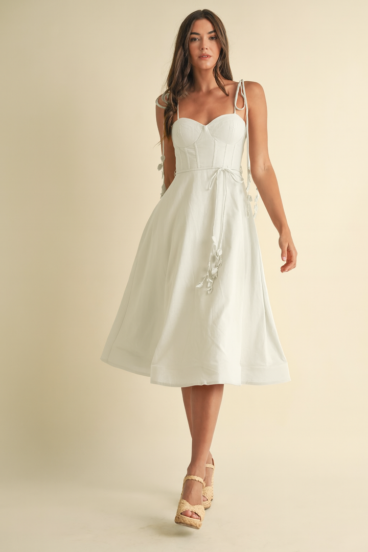 Yellow Linen Midi Dress with Corset Bodice