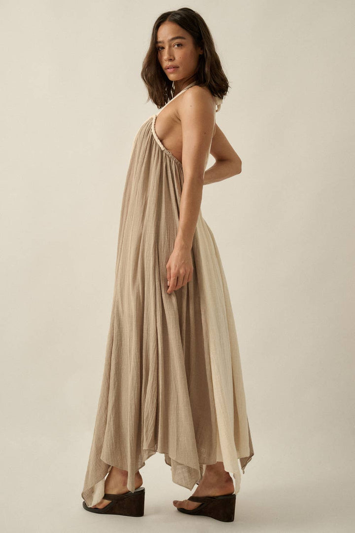 Mimi Colorblock Cotton Gauze Gathered Loose-Fit Halter Maxi Dress