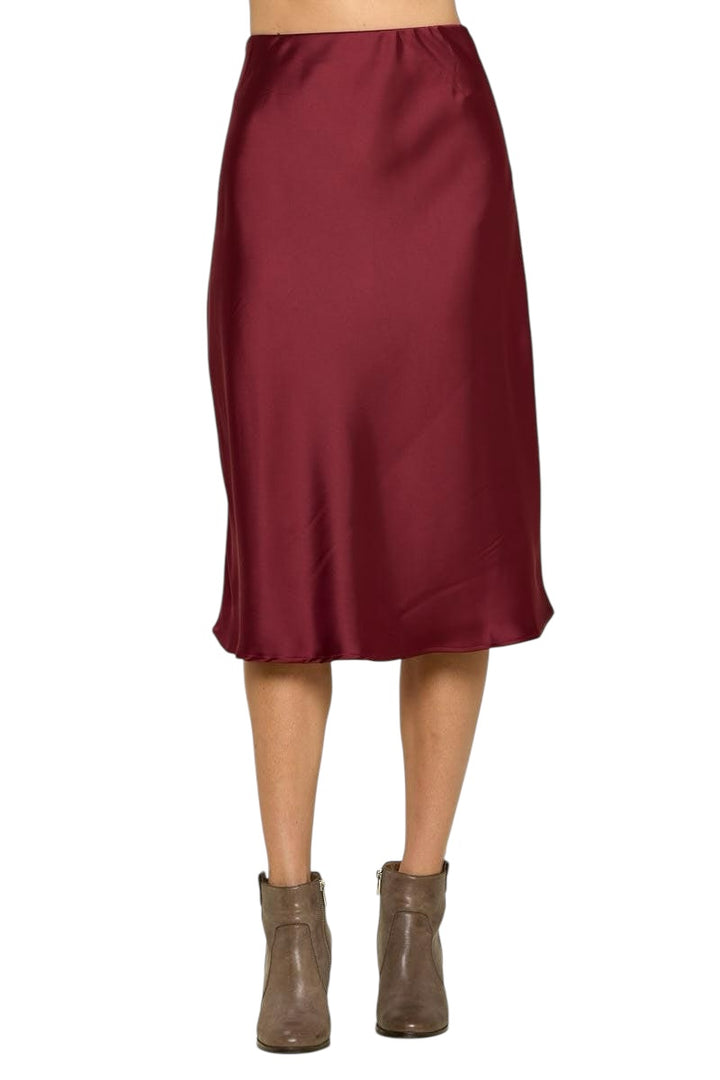 Mirna Burgundy Solid Satin Midi Skirt