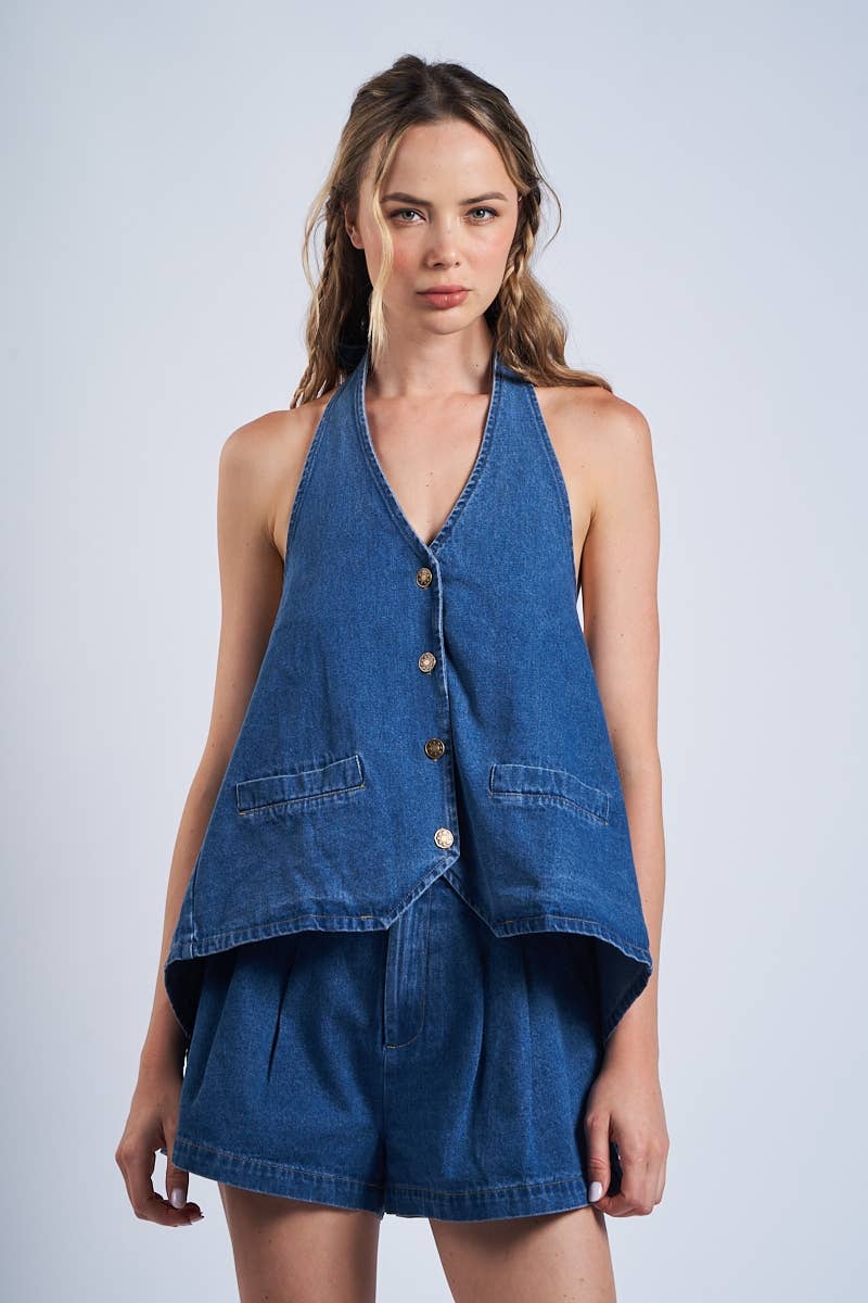 KEISI DENIM HALTER TIE NECK BUTTON DOWN BACKLESS TOP