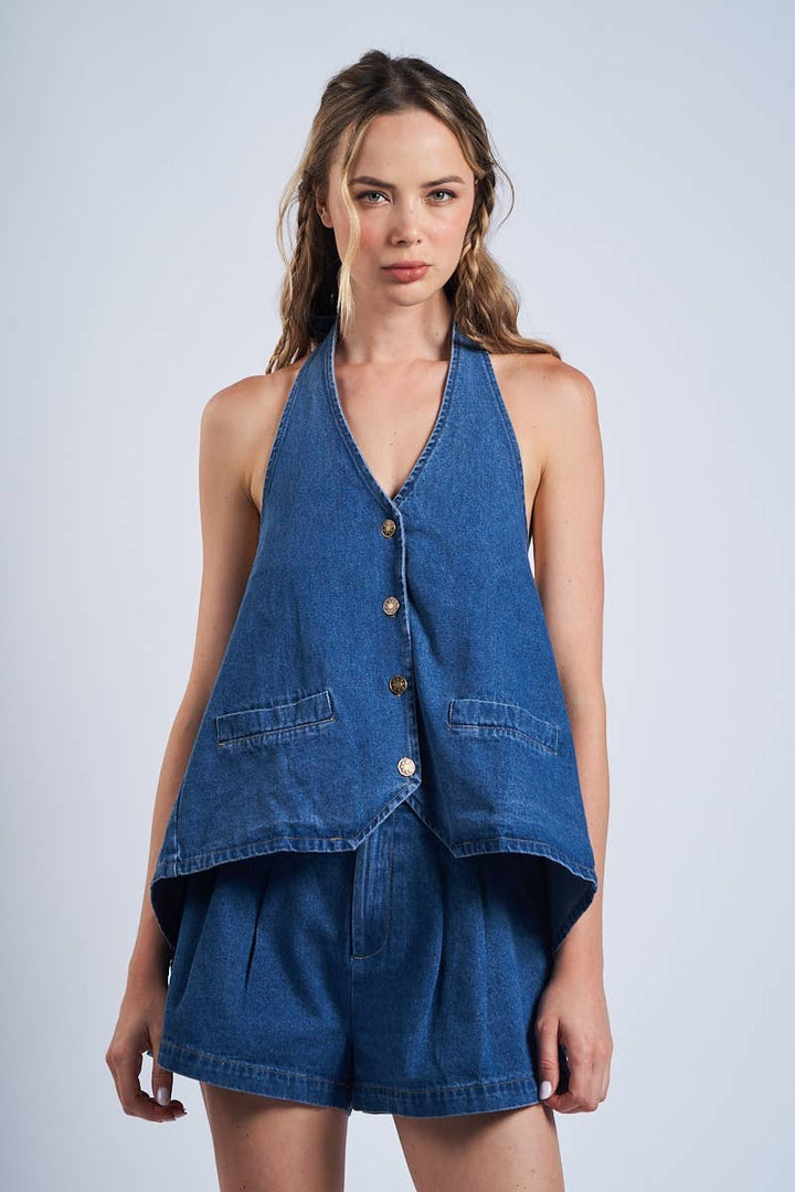 KEISI DENIM HALTER TIE NECK BUTTON DOWN BACKLESS TOP
