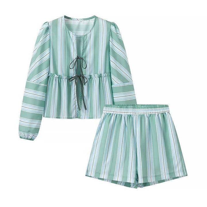 CINDY Long sleeve Tie front blouse in Mint Striped