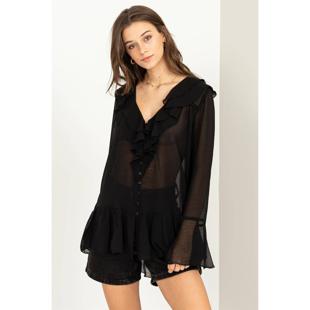 LUISA  BLACK  RUFFLED BUTTON-FRONT SHEER TUNIC TOP