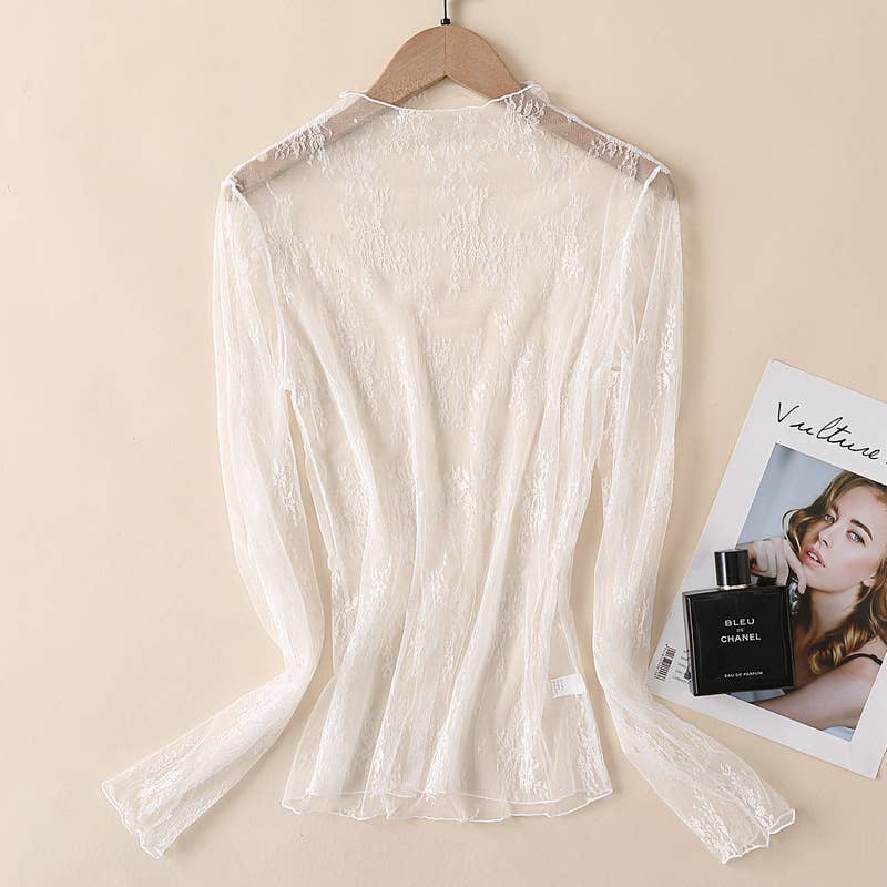 Iris Semi Sheer Mesh Floral Lace Layering See Through Top
