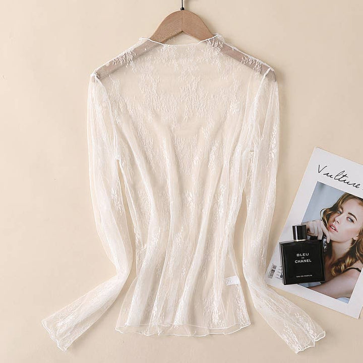 Iris Semi Sheer Mesh Floral Lace Layering See Through Top