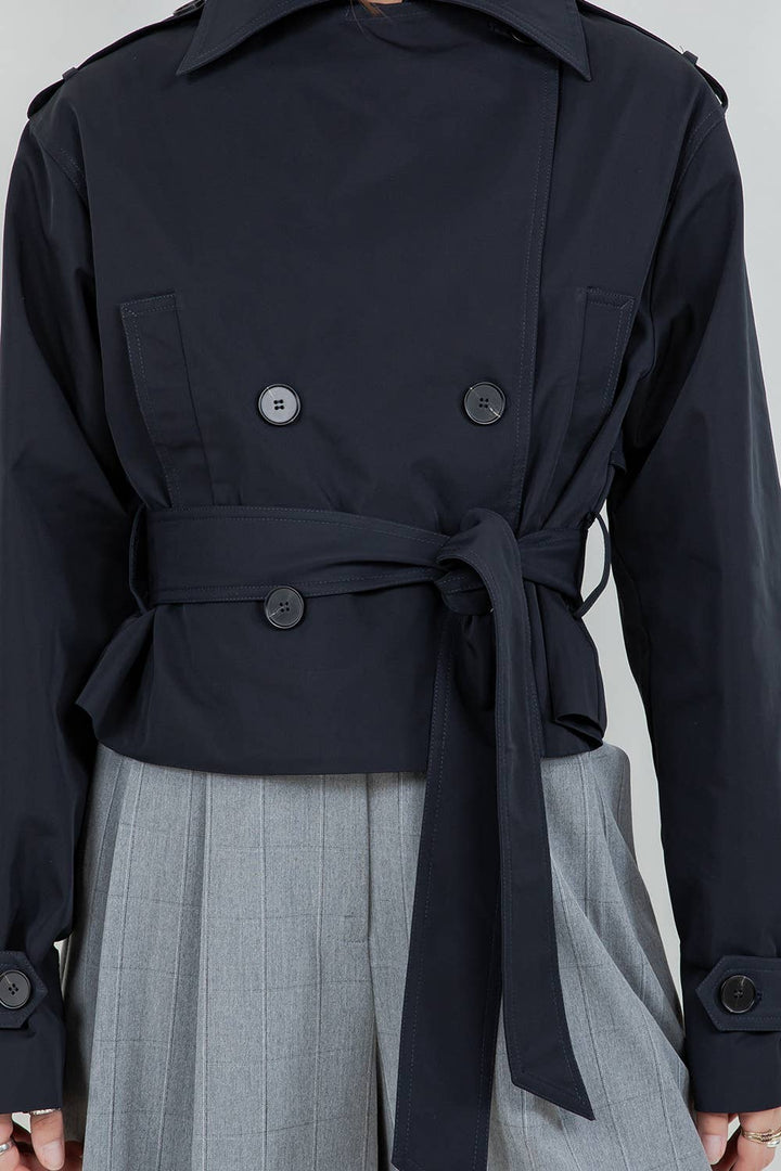 VALENTINA STRUCTURED WOVEN CROPPED TRENCH JACKET - DARK NAVY