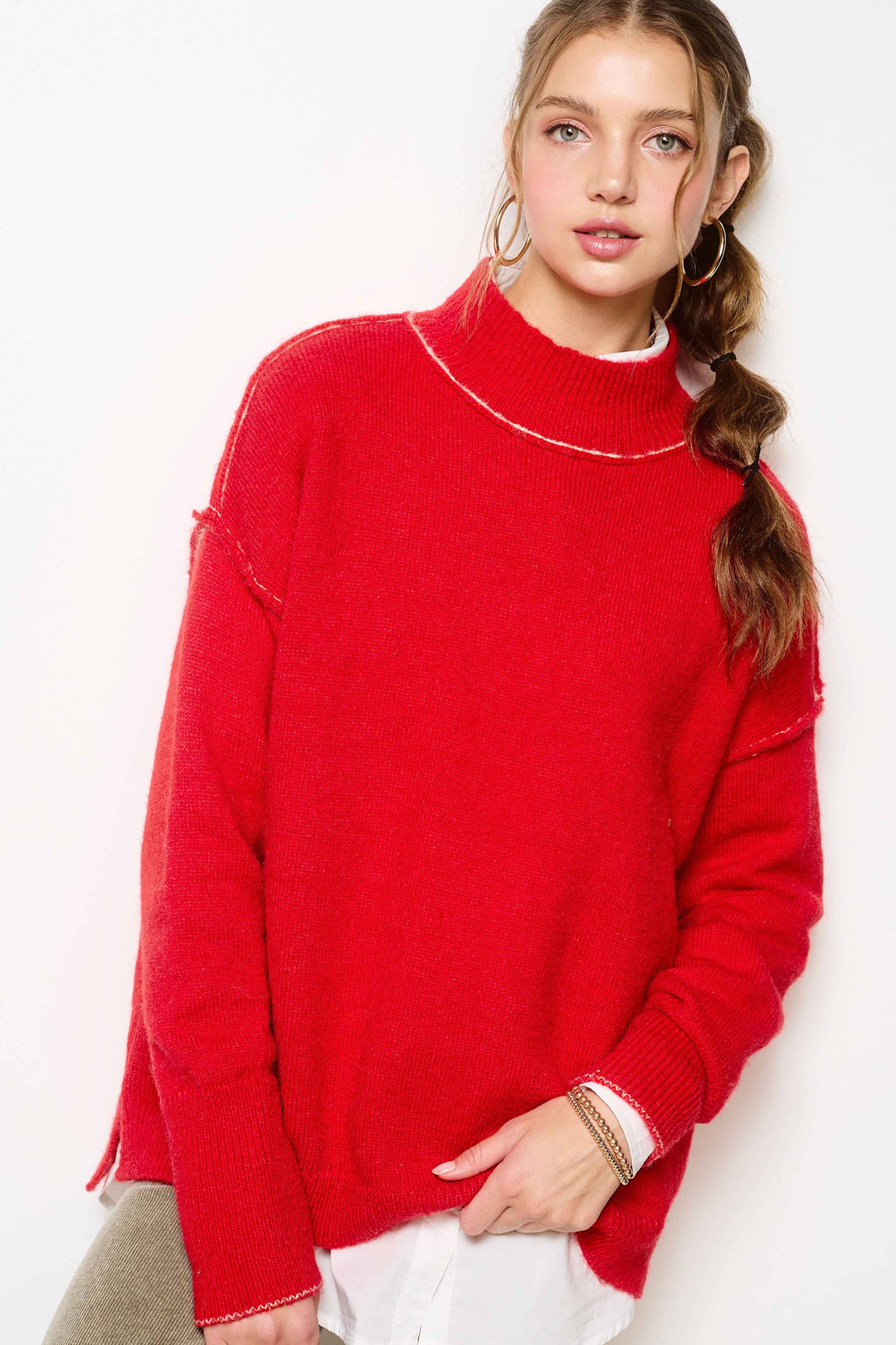Candy or Pine Loose Fit Mock Neck Exposed Seaming Detailed Sweater