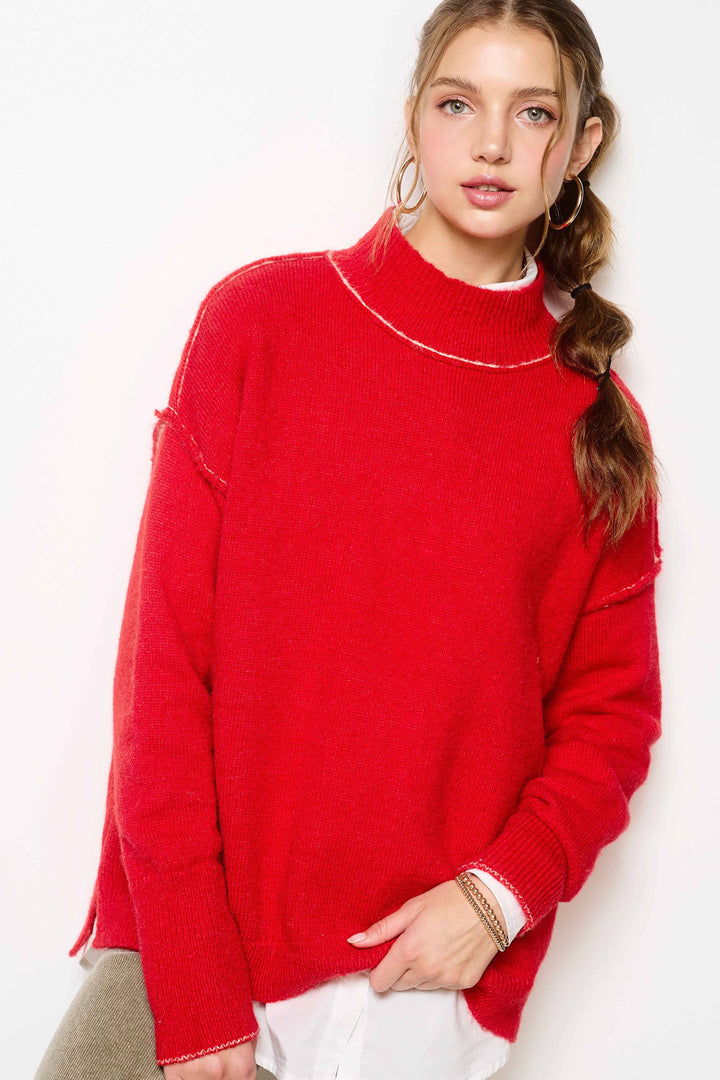 Candy or Pine Loose Fit Mock Neck Exposed Seaming Detailed Sweater