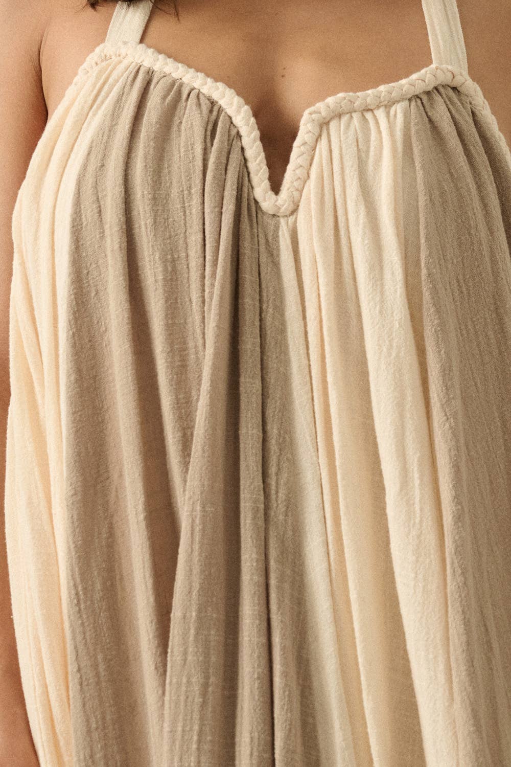 Mimi Colorblock Cotton Gauze Gathered Loose-Fit Halter Maxi Dress