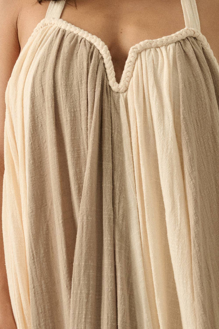 Mimi Colorblock Cotton Gauze Gathered Loose-Fit Halter Maxi Dress