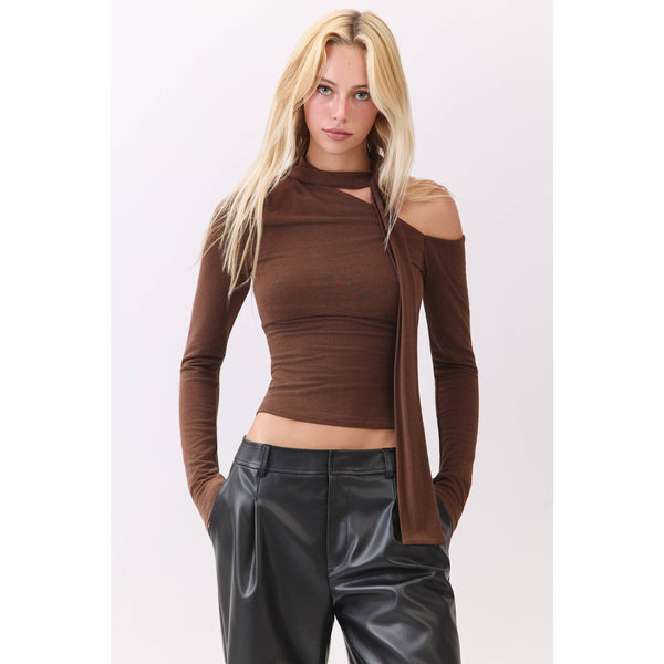 Chocolate Asymmetric Neckline Knit Top