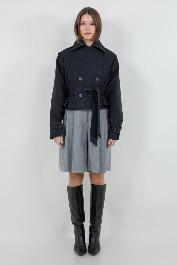 VALENTINA STRUCTURED WOVEN CROPPED TRENCH JACKET - DARK NAVY