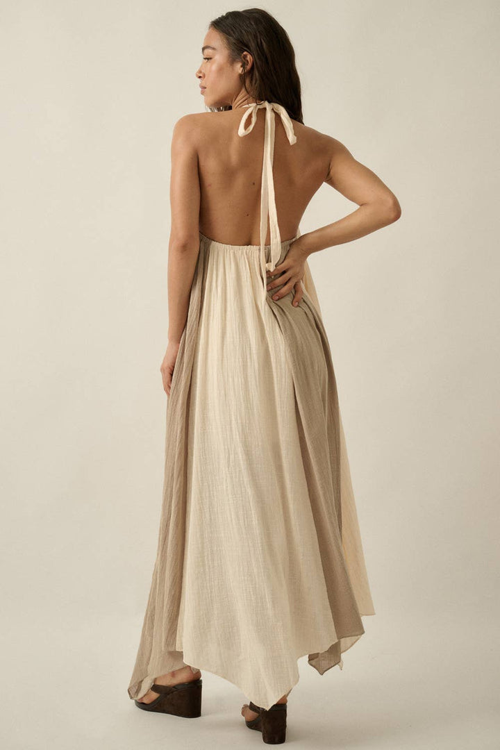 Mimi Colorblock Cotton Gauze Gathered Loose-Fit Halter Maxi Dress
