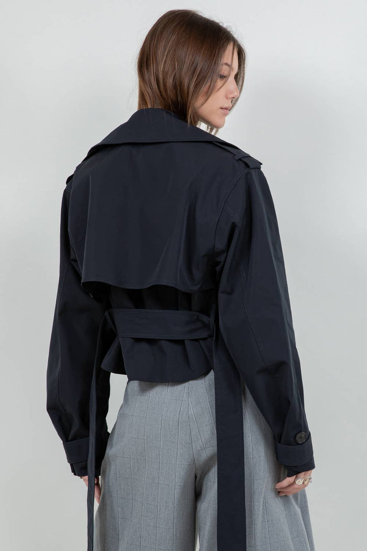 VALENTINA STRUCTURED WOVEN CROPPED TRENCH JACKET - DARK NAVY