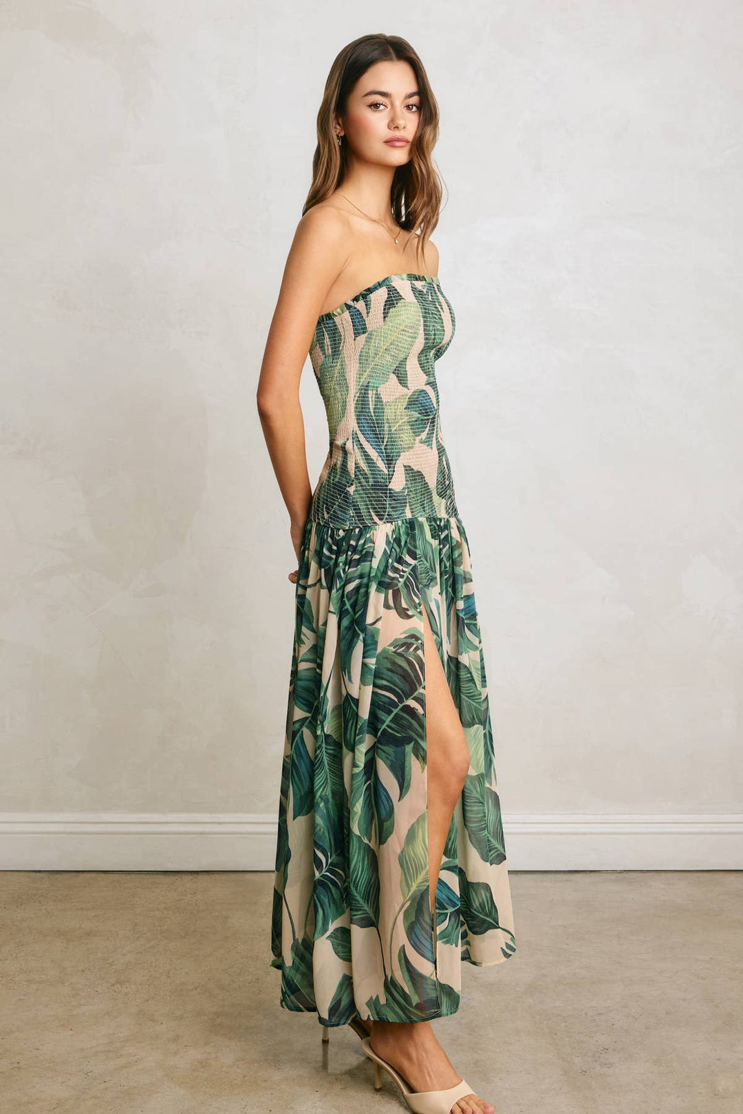 Tropical Palm Strapless Drop Waist Smocked Dress