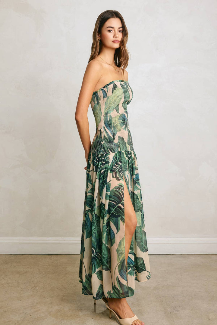Tropical Palm Strapless Drop Waist Smocked Dress