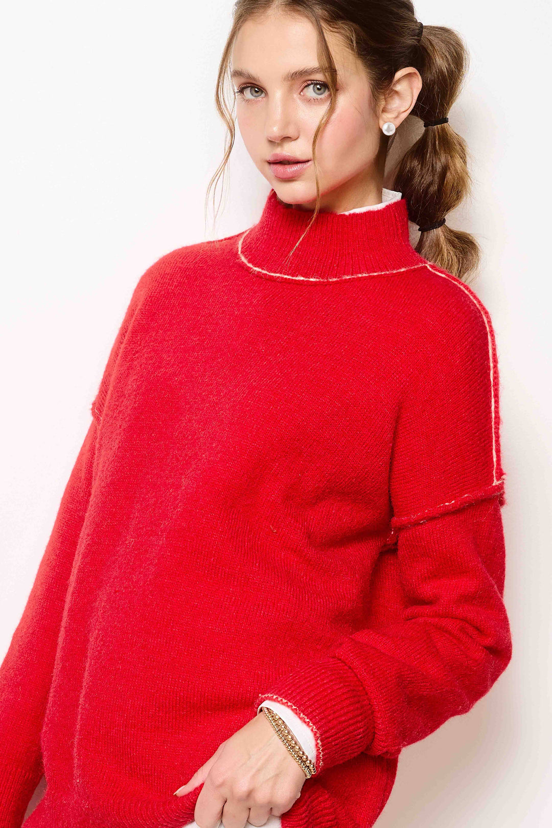 Candy or Pine Loose Fit Mock Neck Exposed Seaming Detailed Sweater