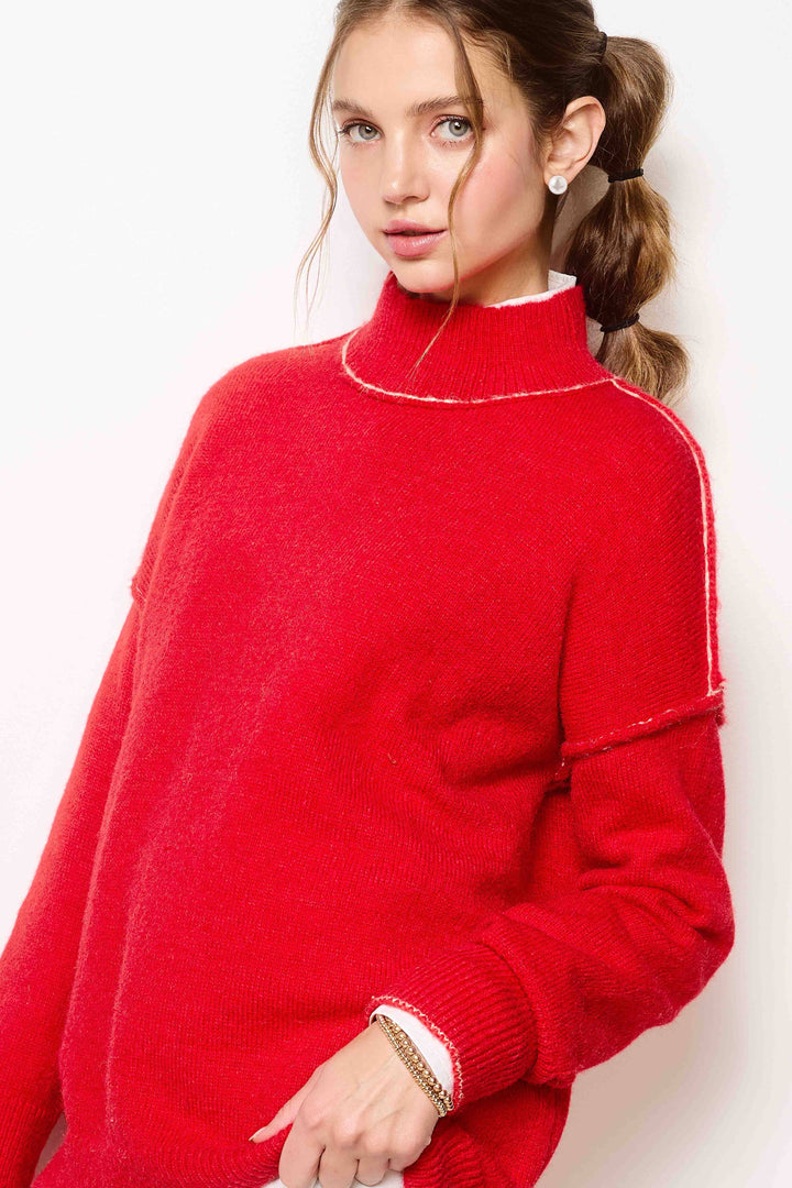 Candy or Pine Loose Fit Mock Neck Exposed Seaming Detailed Sweater