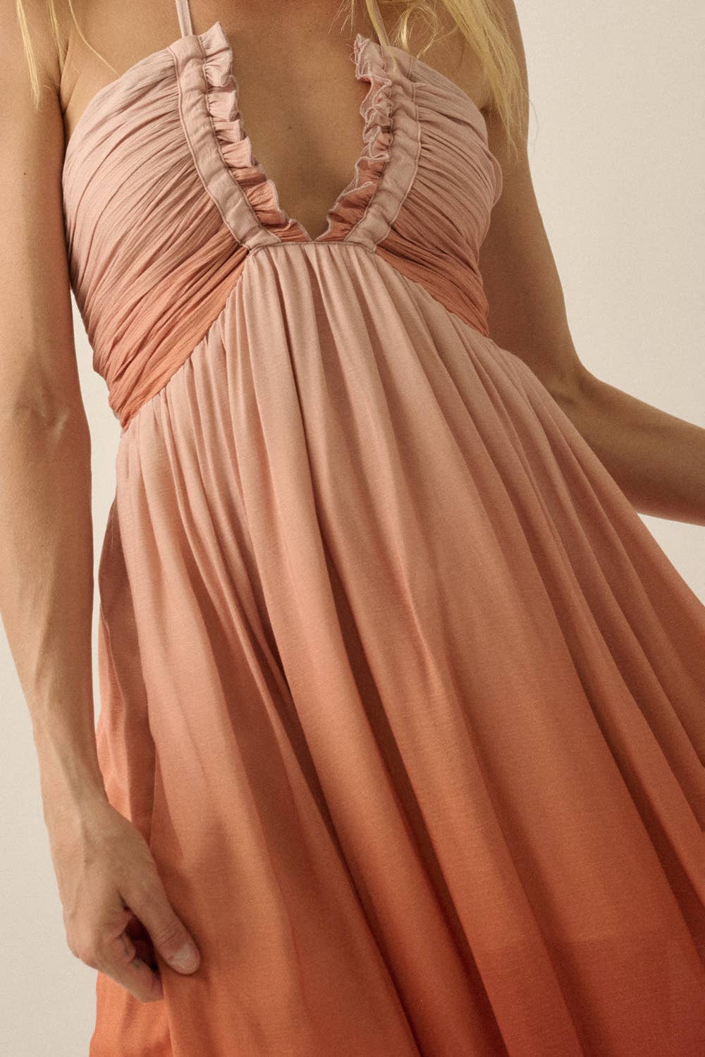 Fresh Ombre Crepe Tie-Back Halter Pocket Maxi Dress