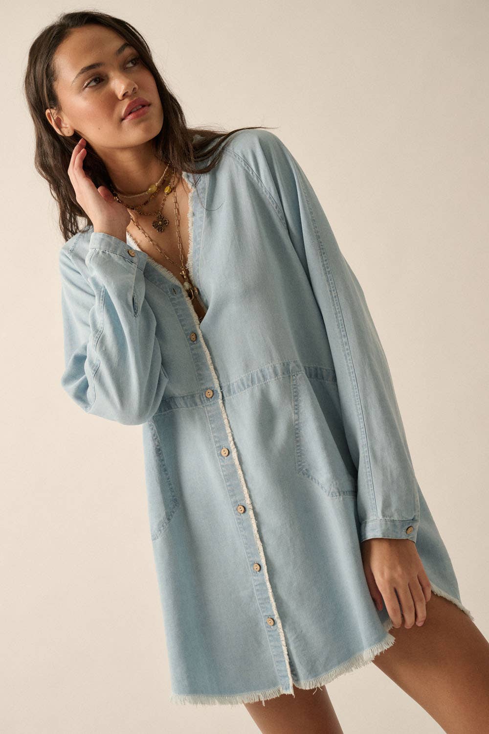 Gabby V-Neck Solid Denim Mini Dress