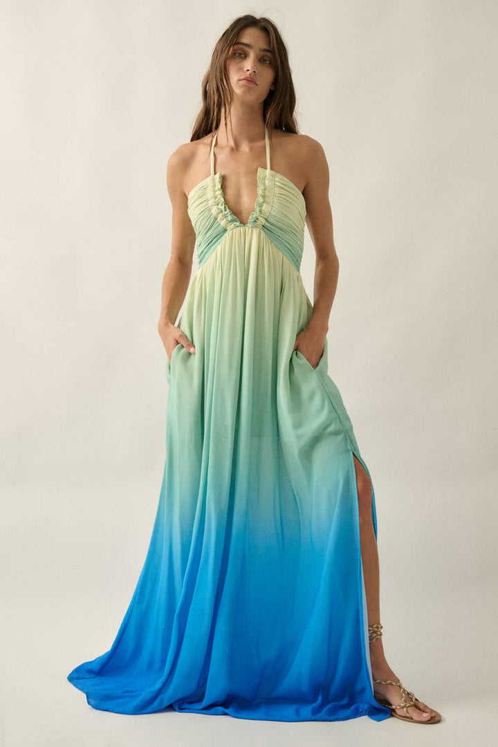 Fresh Ombre Crepe Tie-Back Halter Pocket Maxi Dress