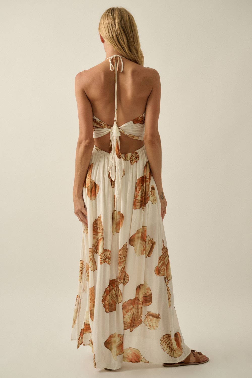 Beach Seashell-Print Crepe Tie-Back Halter Pocket Maxi Dress