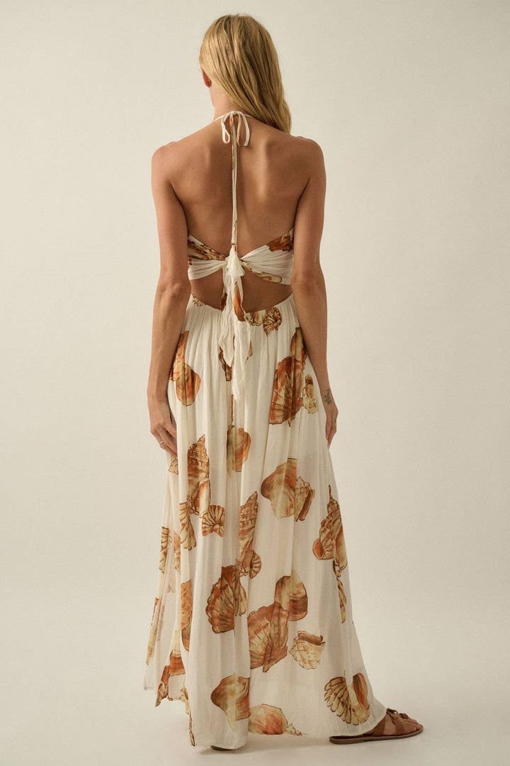 Beach Seashell-Print Crepe Tie-Back Halter Pocket Maxi Dress