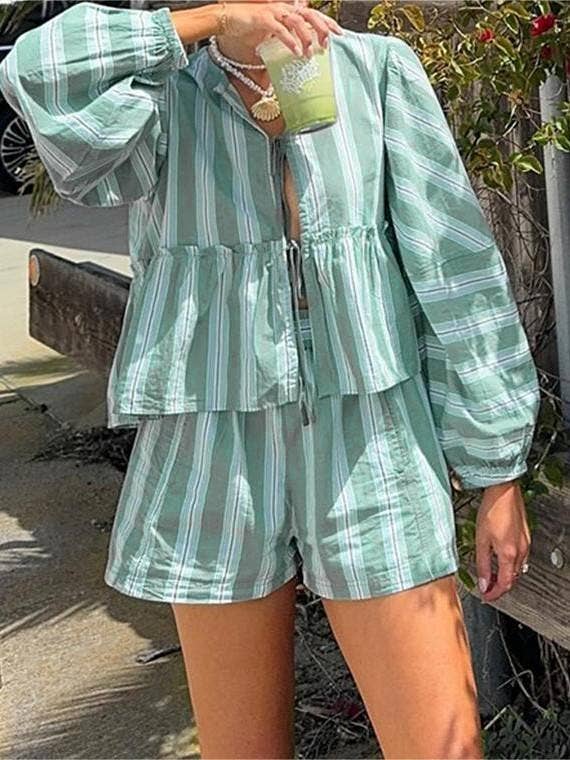 CINDY Long sleeve Tie front blouse in Mint Striped