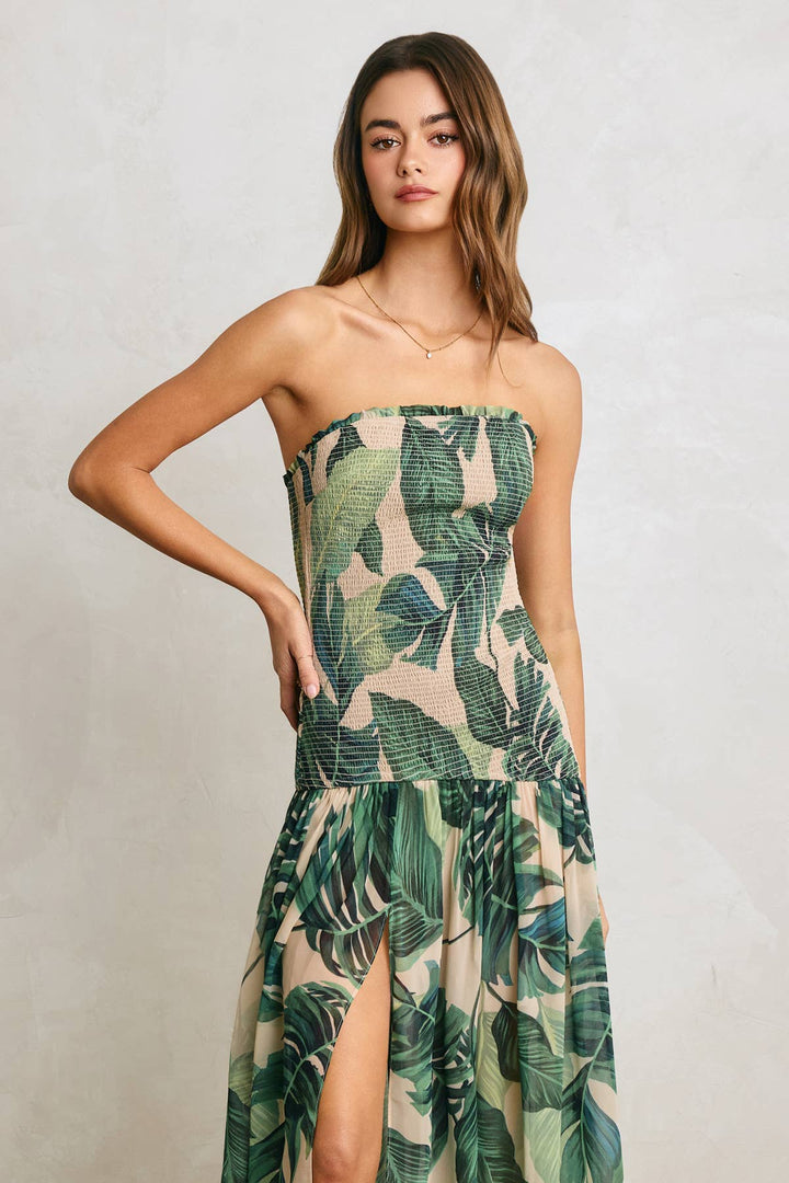 Tropical Palm Strapless Drop Waist Smocked Dress