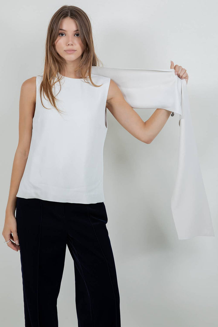 ELEGANCE SCARF ATTACHED SOFT WOVEN SLEEVELESS BLOUSE - STONE