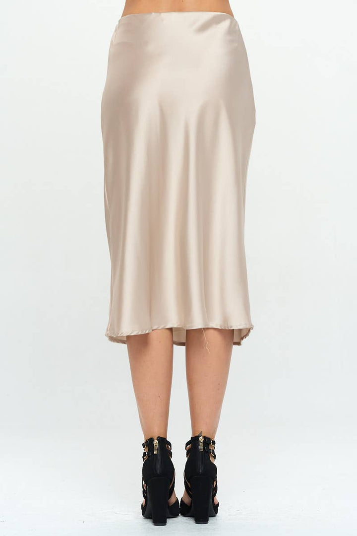 Mirna BeigeSolid Satin Midi Skirt