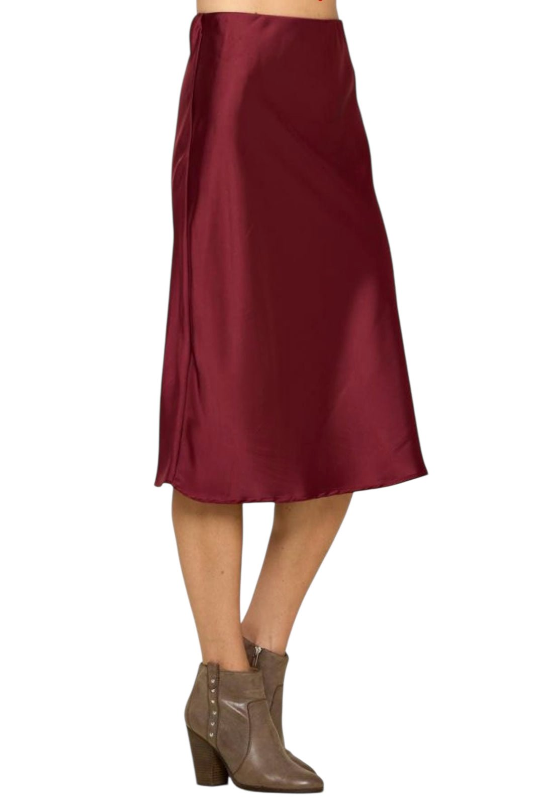 Mirna Burgundy Solid Satin Midi Skirt
