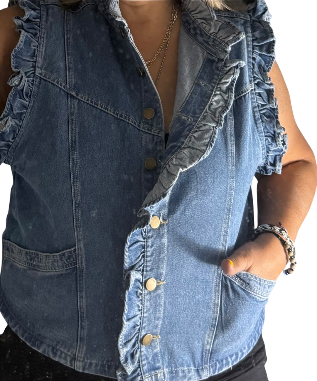 Victoria Ruffle Trim Denim Vest with High Collar