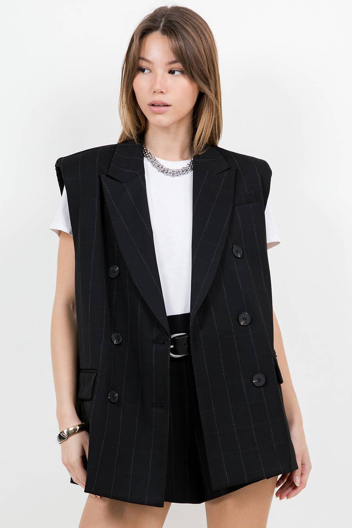 MINERVA  SHOULDER PADDED STRUCTURED WOVEN JACKET VEST - BLACK