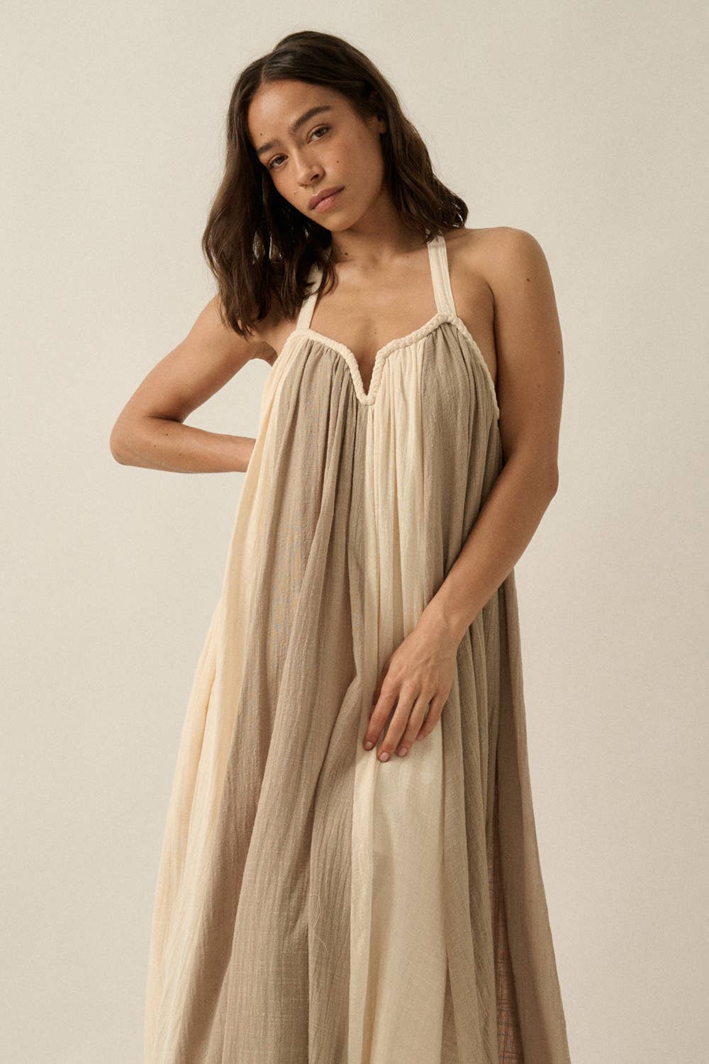 Mimi Colorblock Cotton Gauze Gathered Loose-Fit Halter Maxi Dress