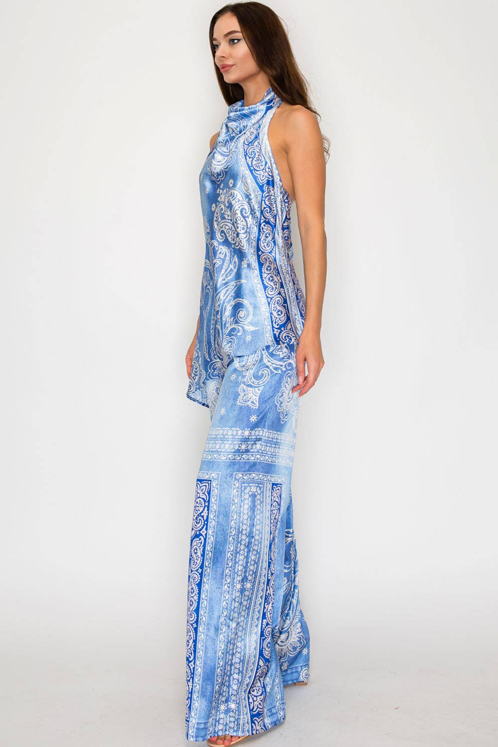 Blue Paisley Halter Top & Wide-Leg Pants Set