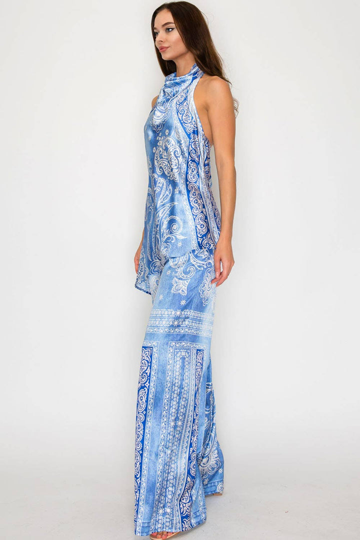 Blue Paisley Halter Top & Wide-Leg Pants Set