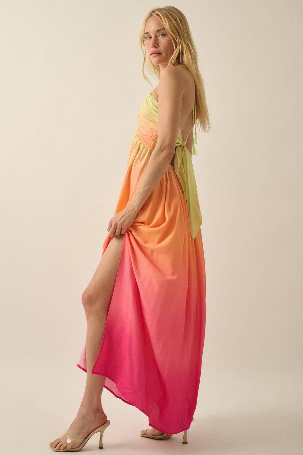 Fresh Ombre Crepe Tie-Back Halter Pocket Maxi Dress